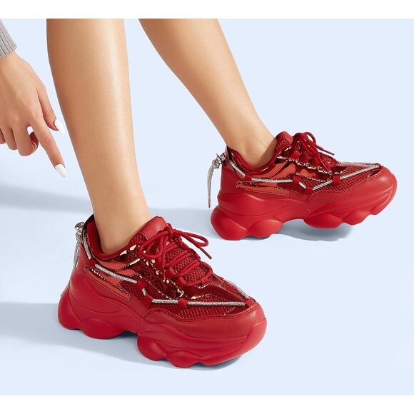 Women's Red 90s Chunky Sneakers Sparkly Bling Rhinestone Rope Platform Shoes - Picture 7 of 9